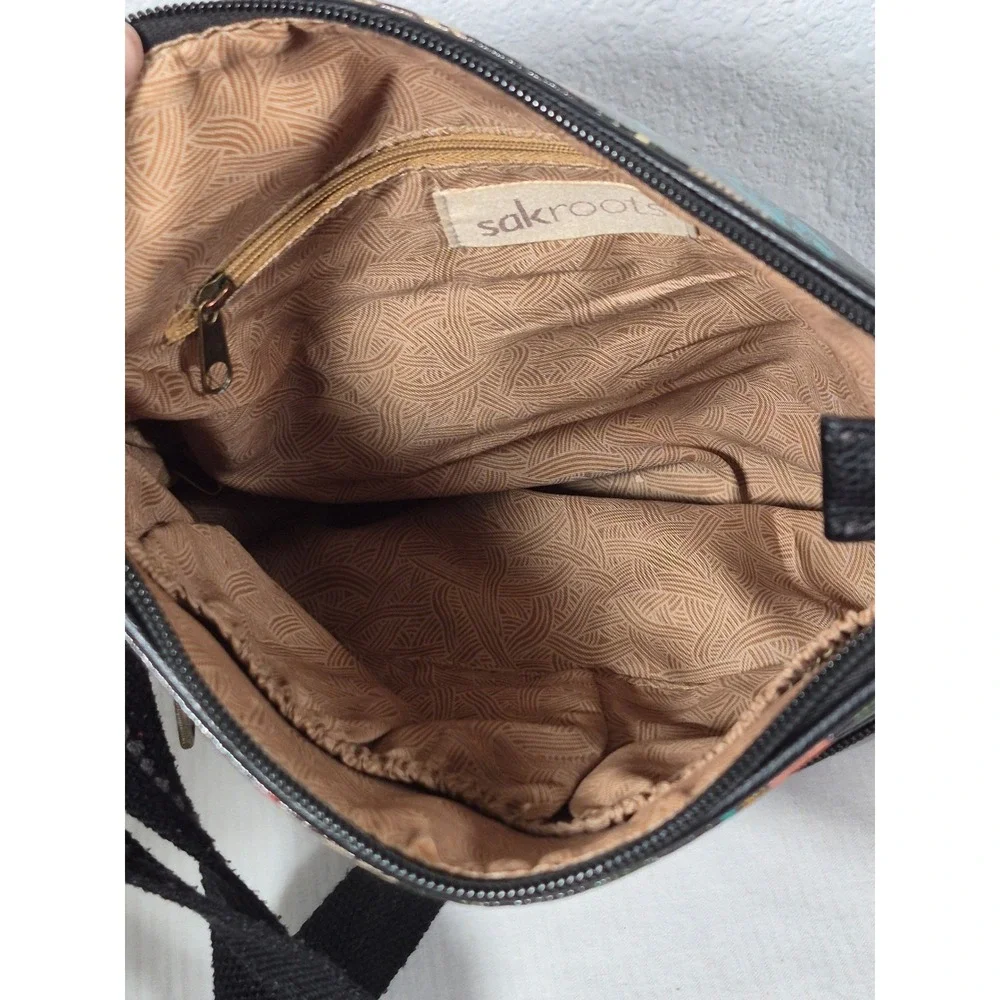 Sakroots Artist Circle Crossbody Bag Black Peace Nature Bird Print Coated Canvas